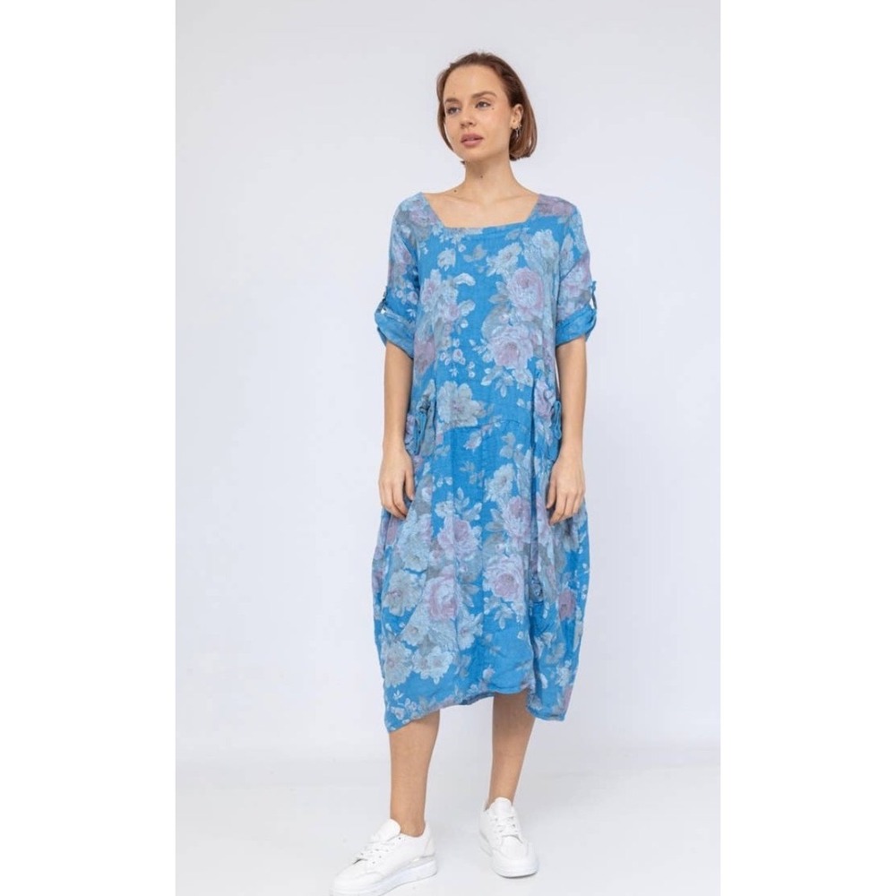 Colette Italy 100% Linen Blue Floral Midi Dress Lagenlook Square Neck Pockets